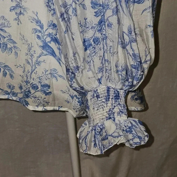 Fate Elegance In Bloom Blue Floral Bohochic Ruffle Neck Long Sleeve Blouse SZ M - Picture 7 of 13